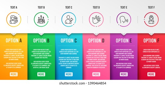 Salary employees, Human sing and Refer friend icons simple set. Hand, Women headhunting and Hospital nurse signs. People earnings, Talk. People set. Infographic template. 6 steps timeline. Vector