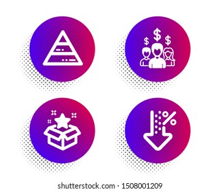 Salary employees, Loyalty program and Pyramid chart icons simple set. Halftone dots button. Low percent sign. People earnings, Bonus star, Report analysis. Discount. Finance set. Vector