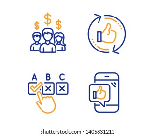 Salary employees, Refresh like and Correct checkbox icons simple set. Mobile like sign. People earnings, Thumbs up counter, Answer. Phone thumbs up. People set. Linear salary employees icon. Vector