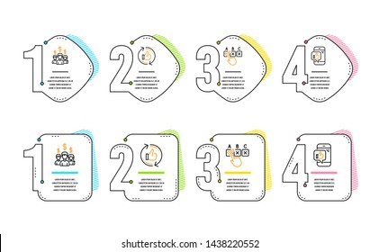 Salary employees, Refresh like and Correct checkbox icons simple set. Mobile like sign. People earnings, Thumbs up counter, Answer. Phone thumbs up. People set. Infographic timeline. Vector