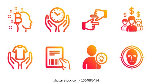 Salary employees, Safe time and Bitcoin think line icons set. Parcel invoice, Hold t-shirt and Click hands signs. User idea, Face detect symbols. People earnings, Hold clock. People set. Vector