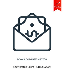 Salary in envelope icon. Vector dollar bills in envelope minimal icon. Corruption concept symbol in thin line style