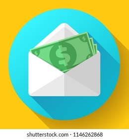 Salary in envelope. Salary increase, money payroll, compensation income, vector salary survey illustration