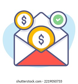 Salario en sobre. Aumento salarial, nómina de dinero, ingresos de compensación, concepto de ilustración de vector de calidad premium. Símbolo de icono de línea plana.