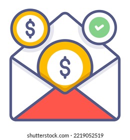 Salario en sobre. Aumento salarial, nómina de dinero, ingresos de compensación, concepto de ilustración de vector de calidad premium. Símbolo de icono de línea plana.