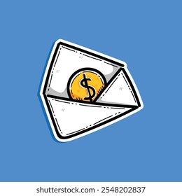 Salary in envelope, Opened Envelope with Money Inside Money Savings, Gift, Charity Symbol, Donation and Humanity. Vector Illustration Design Isolated in a Blue Background