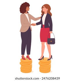 Igualdad salarial. Mujeres de negocios dándose la mano en pilas de monedas de dólar, bienestar financiero Ilustración vectorial plana. Concepto de igualdad de ingresos para empresarios