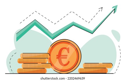 salary euro rate increase statistic. business profit growth margin revenue. Finance of performance return on investment ROI concept with arrow.  icon coin flat vector illustration isolated on white