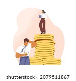 Salary gap concept. Inequality of money incomes between rich wealthy woman and poor man. Comparison of different financial levels of employees. Flat vector illustration isolated on white background