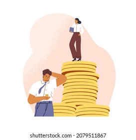 Salary gap concept. Inequality of money incomes between rich wealthy woman and poor man. Comparison of different financial levels of employees. Flat vector illustration isolated on white background