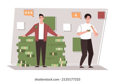 Salary Gap Concept. Rich And Poor Characters Side By Side. Social Inequality, Successful Businessman And Homeless Man. Crisis And Global Problems Of Society. Cartoon Flat Vector Illustration