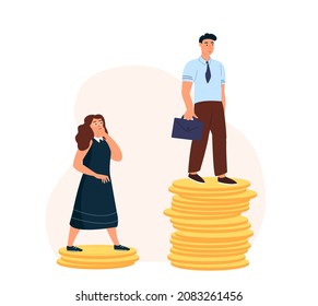 Salary gap Discrimination concept.Inequality of money incomes between rich wealthy man and poor woman.Different financial levels of employees.Flat vector illustration isolated on white background