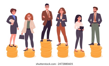 Salary gap. Office workers standing on dollar coins stacks, businessman and businesswoman wage inequality flat vector illustration set. Income inequality concept