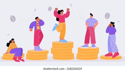 Salary gap, wage difference concept. Comparison of people income, pay for job. Vector flat illustration of rich and poor workers standing on high and low money stacks