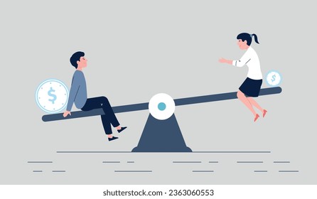 Salary gender gap metaphor. Business people competition, office workers on unbalanced desk. Dispute corporate, vector working scene