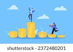Salary and gender Inequality gap between women and men business concept flat style design vector illustration. Man and woman stand on its level of money incomes. Wealth and poor comparison.