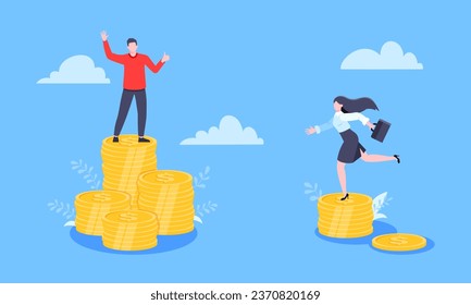 Salary and gender Inequality gap between women and men business concept flat style design vector illustration. Man and woman stand on its level of money incomes. Wealth and poor comparison.