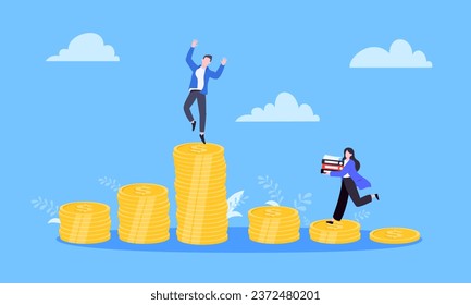 Salary and gender Inequality gap between women and men business concept flat style design vector illustration. Man and woman stand on its level of money incomes. Wealth and poor comparison.