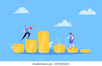 Salary and gender Inequality gap between women and men business concept flat style design vector illustration. Man and woman stand on its level of money incomes. Wealth and poor comparison.