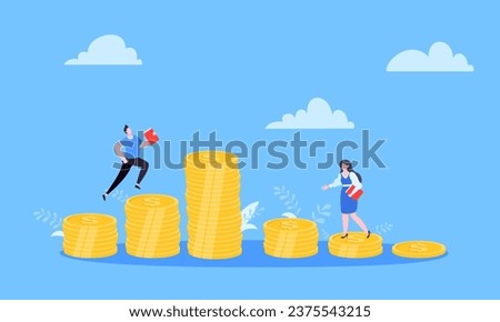 Salary and gender Inequality gap between women and men business concept flat style design vector illustration. Man and woman stand on its level of money incomes. Wealth and poor comparison.