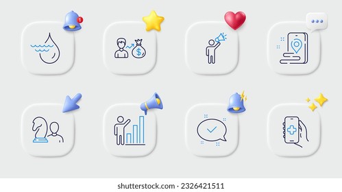 Salary, Graph chart and Approved line icons. Buttons with 3d bell, chat speech, cursor. Pack of Brand ambassador, Place, Health app icon. Chess, Hydroelectricity pictogram. Vector