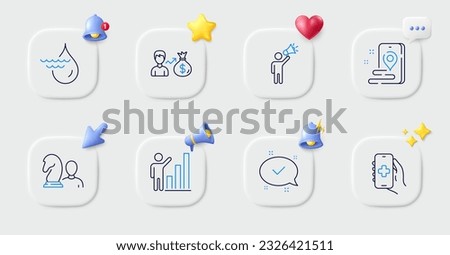 Salary, Graph chart and Approved line icons. Buttons with 3d bell, chat speech, cursor. Pack of Brand ambassador, Place, Health app icon. Chess, Hydroelectricity pictogram. Vector