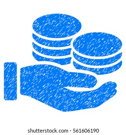 Salary Hand grainy textured icon for overlay watermark stamps. Flat symbol with dust texture. Dotted vector blue ink rubber seal stamp with grunge design on a white background.