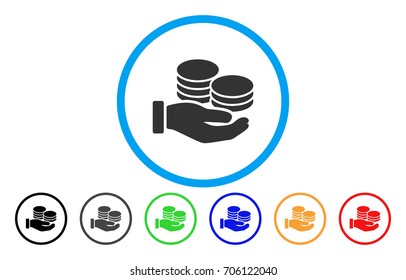 Salary Hand vector rounded icon. Image style is a flat gray icon symbol inside a blue circle. Bonus color variants are grey, black, blue, green, red, orange.