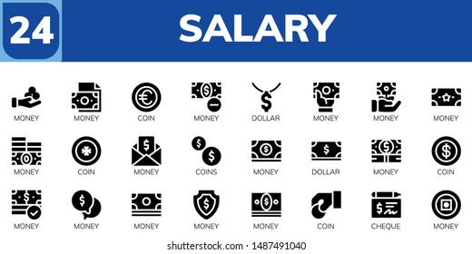 salary icon set. 24 filled salary icons.  Collection Of - Money, Coin, Dollar, Coins, Cheque