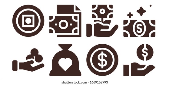 salary icon set. 8 filled salary icons.  Simple modern icons such as: Money, Budget, Coin, Bill