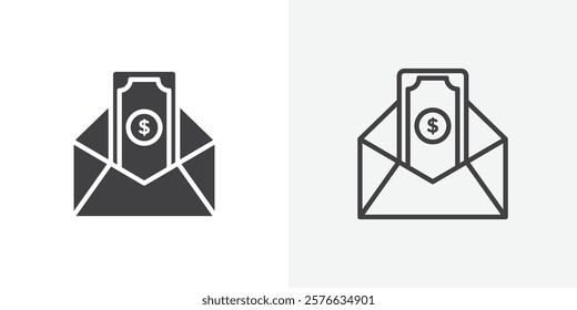 Salary icon set in black flat solid and outlined style.