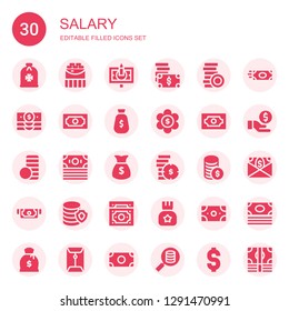 salary icon set. Collection of 30 filled salary icons included Money, Coins, Banknote, Cash, Coin stack, Coin, Dollar