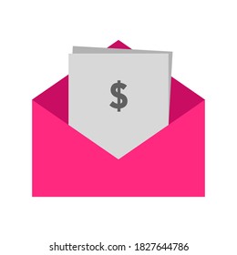 Icono de sueldo. Billetes de dólares vectoriales en el icono de sobre. ilustración vectorial