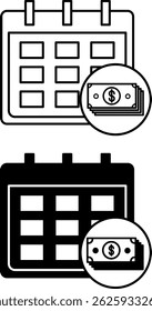 Salary Icons. Black and White Vector Illustration. Calendar with Dates and Dollar Bill. Work Concept