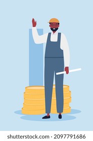 Salary Income Difference Concept. Young Bearded Man Stands Against Background Of Large Pile Of Coins Or Money And Smiles. Rich Male Character With Professional Skills. Cartoon Flat Vector Illustration