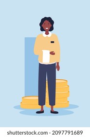 Concepto de diferencia salarial. Una joven camarera recibe pocas monedas o dinero por su trabajo. Metáfora de la brecha financiera. Educación secundaria. Ilustración vectorial plana contemporánea de dibujos animados