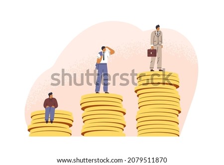 Salary and income growth, promotion at work concept. Employee growing from low to high financial level, becoming rich. People and money. Flat vector illustration isolated on white background