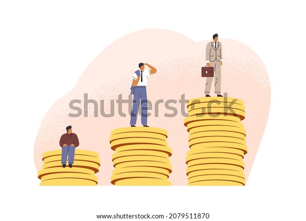 Salary\
and income growth, promotion at work concept. Employee growing from\
low to high financial level, becoming rich. People and money. Flat\
vector illustration isolated on white\
background