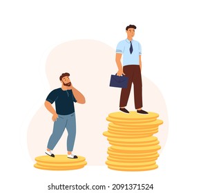 Salary And Income Growth,promotion At Work And Salary Gap Concept.Employee Growing From Low To High Financial Level,becoming Rich.People And Money.Flat Vector Illustration Isolated On White Background