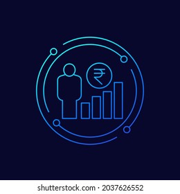 salary increase, growth line icon with rupee