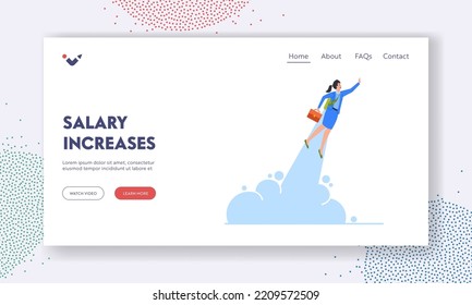 Salary Increase Landing Page Template. Working Success, Startup. Happy Business Woman or Manager Fly on Jetpack to Goal Achievement. Character with Rocket Career Boost. Cartoon Vector Illustration