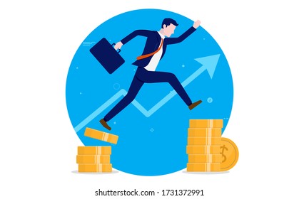 Salary increase - Man jumping from low income to higher pay with raising graph in background in blue circle. Career, investment and business growth concept. Vector illustration.