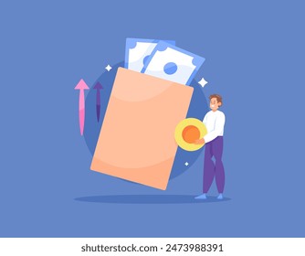 salary increases. income, earnings and revenue increase. salary raise. happy because you get money. illustration of a man with an envelope containing banknotes. illustration concept design. graphic