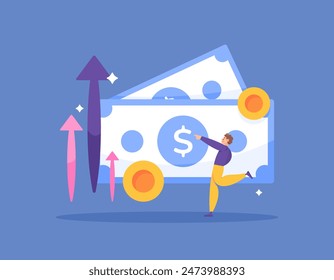 salary increases. income, earnings and revenue increase. salary raise. happy because you get money. illustration of man with banknotes and coins. illustration concept design. graphic elements