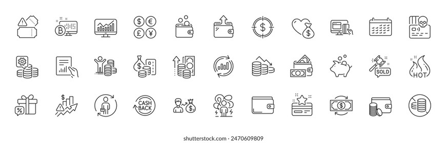 Salary, Inflation and Sale gift line icons. Pack of Payment method, Dollar target, Wallet icon. Calendar, Making money, Difficult stress pictogram. Money, Online payment, Tickets. Line icons. Vector