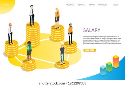 Salary landing page website template. Vector isometric business people standing on piles of dollar coins. Payroll, salary payment, differences in the amounts of wages.