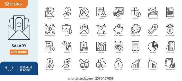 Salary line editable icon set. Containing taxes, accounting, cash, and more. Vector illustration	
