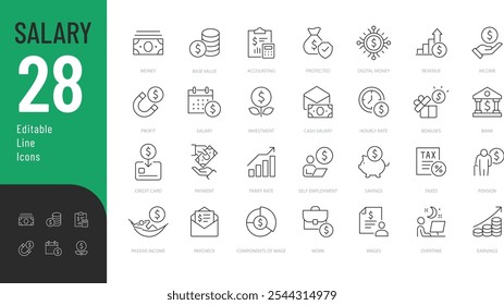 Conjunto de Ícones Editáveis da Linha de Salário. Ilustração vetorial no estilo moderno de linha fina de ícones relacionados a finanças: impostos, contabilidade, dinheiro e muito mais. Pictogramas e infográficos para aplicativos móveis