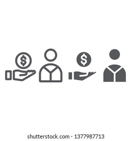 Salary line and glyph icon, finance and payment, hand with coin sign, vector graphics, a linear pattern on a white background, eps 10.