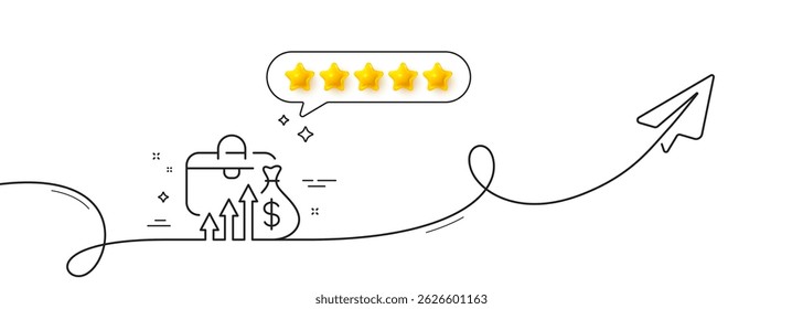Salary line icon. Continuous line with share plane. Increase invest money sign. Inflation symbol. Five star rate review in speech bubble. Salary single line ribbon. Loop curve pattern. Vector